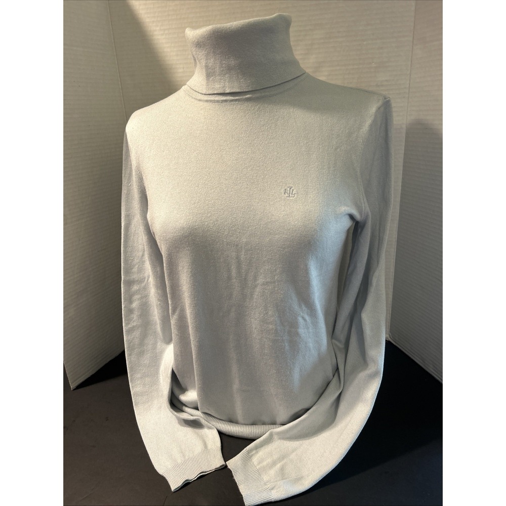 LAUREN RALPH LAUREN Women's Silk-Blend Turtleneck Sweater Pale Blue Size Small